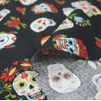 Cotton Skulls Mexican Colors Black Background fabric - Cotton fabric with drawings of Mexican skulls with lots of color on a black background. The fabric is 140cm wide and its composition 100% cotton.