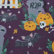Cotton Halloween Funny Pumpkins fabric - Organic cotton poplin fabric with pictures of funny pumpkins in the cemetery, where bats, tombstones and other themed objects of the Halloween celebration also appear. The fabric is 150cm wide and its composition i