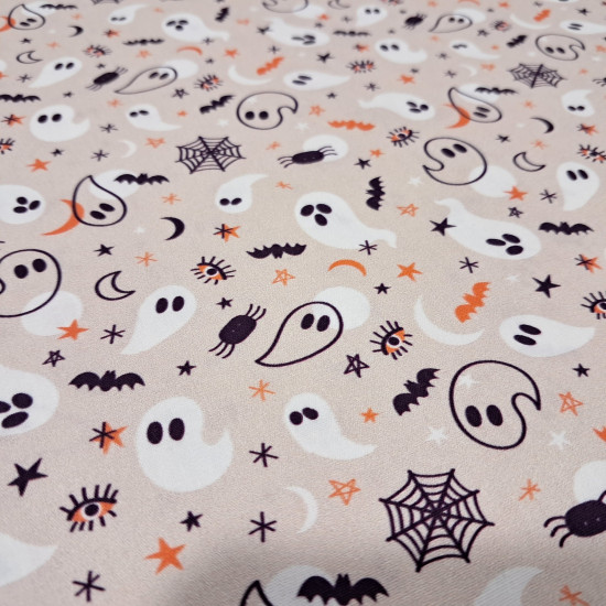Cotton Halloween Spooky Ghosts fabric Cotton Halloween Spooky Ghosts fabric - Halloween-themed cotton poplin fabric featuring ghosts, bats, stars, and spiderwebs on a light background. The fabric is 150 cm wide and is made of 100% cotton.