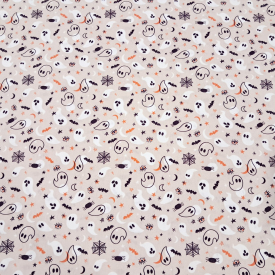 Cotton Halloween Spooky Ghosts fabric Cotton Halloween Spooky Ghosts fabric - Halloween-themed cotton poplin fabric featuring ghosts, bats, stars, and spiderwebs on a light background. The fabric is 150 cm wide and is made of 100% cotton.