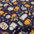 Cotton Halloween Boo Spooky fabric - Halloween-themed cotton poplin fabric with drawings of ghosts, pumpkins, spiders, bats, candy, and more on a violet background. The fabric is 150 cm wide and is made of 100% cotton.