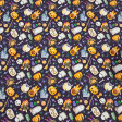 Cotton Halloween Boo Spooky fabric - Halloween-themed cotton poplin fabric with drawings of ghosts, pumpkins, spiders, bats, candy, and more on a violet background. The fabric is 150 cm wide and is made of 100% cotton.