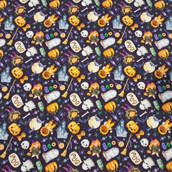 Cotton Halloween Boo Spooky fabric - Halloween-themed cotton poplin fabric with drawings of ghosts, pumpkins, spiders, bats, candy, and more on a violet background. The fabric is 150 cm wide and is made of 100% cotton.