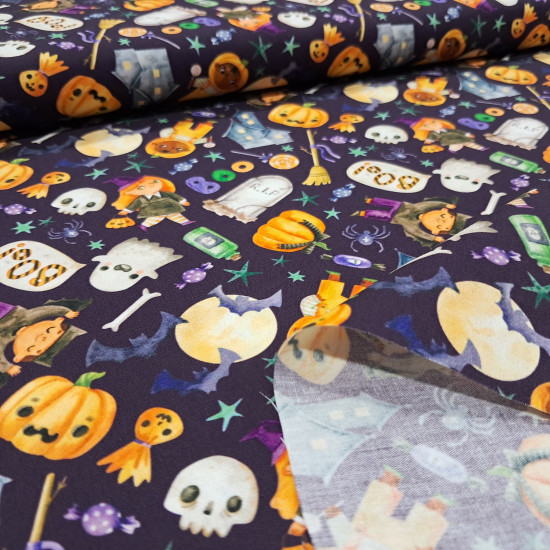 Cotton Halloween Boo Spooky fabric - Halloween-themed cotton poplin fabric with drawings of ghosts, pumpkins, spiders, bats, candy, and more on a violet background. The fabric is 150 cm wide and is made of 100% cotton.