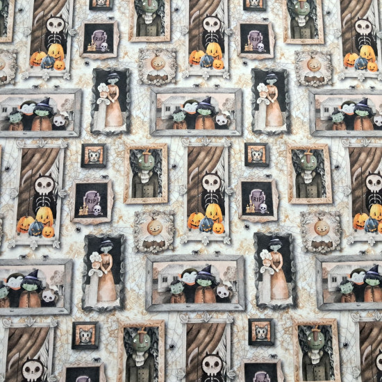 Cotton Halloween Boo Squares fabric - Cotton fabric ideal for Halloween, with drawings of cartoons typical of Halloween in squares. The fabric is 140cm wide and its composition 100% cotton.