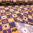 Tela Algodón Halloween Cuadros Hollow Tela popelín algodón cuadros morados y naranjas con iconos de Halloween fantasmas y calaveras