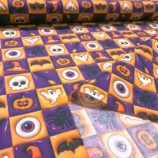 Tela Algodón Halloween Cuadros Hollow Tela popelín algodón cuadros morados y naranjas con iconos de Halloween fantasmas y calaveras