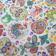 Cotton Colorful Mexican Skulls fabric - Cotton fabric with colorful drawings of Mexican skulls on a white background with flowers, animals, colorful butterflies... The fabric is 150cm wide and its composition is 100% cotton.