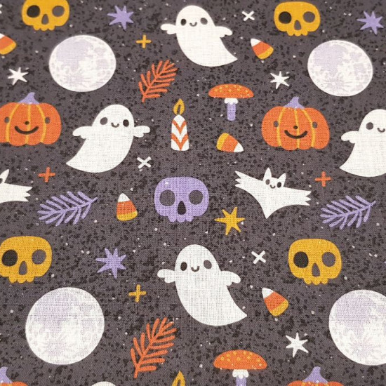 Cotton Halloween Ghosts Moons fabric - Halloween-themed digital printing cotton fabric where ghosts, full moons, bats, mushrooms, candles... appear on a dark background. The fabric is 140cm wide and its composition is 100% cotton.