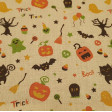 Cotton Halloween Trick or Treat fabric - Cotton fabric with a Halloween-themed digital print featuring drawings of black cats, pumpkins, terrifying trees, bats... on a light background. The fabric is 140cm wide and its composition is 100% cotton.