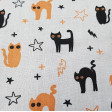 Polycotton Halloween Cats White fabric - Thin polyester and cotton fabric with Halloween drawings with black and orange cats on a white background with rays and stars. The fabric is 110cm wide and its composition is 80% polyester - 20% cotton.