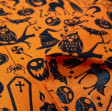 Polycotton Halloween Orange fabric - Fine polyester and cotton fabric with Halloween-themed drawings where witch hats, skeletons, cauldrons, ghosts, graves... appear on an orange background. The fabric is 110cm wide and its composition is 80% polyester