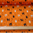Polycotton Halloween Cats Orange fabric - Fine polyester and cotton fabric with Halloween-themed drawings with black and white cats on an orange background with rays and stars. The fabric is 110cm wide and its composition is 80% polyester - 20% cotton.