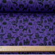 Polycotton Halloween Violet fabric - Fine polyester and cotton fabric with Halloween drawings such as ghosts, witch hats, skeletons, cauldrons, graves... on a purple background. The fabric is 110cm wide and its composition is 80% polyester - 20% cotton.