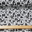 Tela Polycotton Halloween Blanco - Tela fina de poliester y algodón con dibujos de halloween donde aparecen fantasmas, sombreros de bruja, búhos, esqueletos, calderos, tumbas... sobre un fondo blanco. La tela mide 110cm de ancho y su composición 80% p