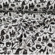 Polycotton Halloween White fabric - Fine polyester and cotton fabric with Halloween drawings showing ghosts, witch hats, owls, skeletons, cauldrons, graves... on a white background. The fabric is 110cm wide and its composition is 80% polyester - 20% co
