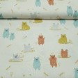 Tela Cotton Happy Bears - Children's cotton fabric with drawings of bears eating honey, fishing for fish ... The colors ocher, mint green, gray and red tile predominate, on a light colored background. The fabric is 150cm wide and its composit