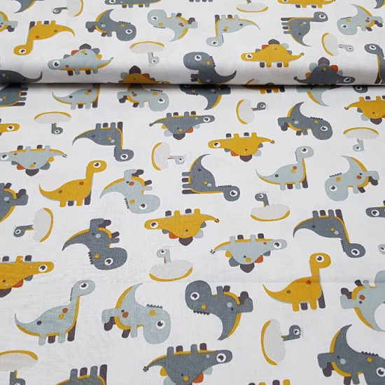 Cotton Dinosaurs Toy fabric - Children's cotton fabric with dinosaur drawings with bulging eyes in ocher and gray colors on a white background. The fabric is 150cm wide and its composition 100% cotton