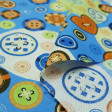 Cotton Colorful Buttons fabric - Cotton fabric with button drawings of different models and colors on a colorful background where blue color predominates. The fabric is 135cm wide and its composition is 100% cotton.
