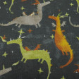 Cretonne Cotton Dragons Gray fabric - Cretonne-type cotton fabric, a stronger fabric than cotton poplin, with drawings of green, orange and gray magic dragons on a dark gray background with colored stars. It could be a very suitable fabric for the festiva