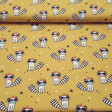 Cotton Raccoons Bow Tie Mustard fabric - Children's cotton poplin fabric with raccoon drawings with bow tie and multi-colored crown on a mustard-colored background with black and white stars. The fabric is 150cm wide and its composition 100% cotton.
