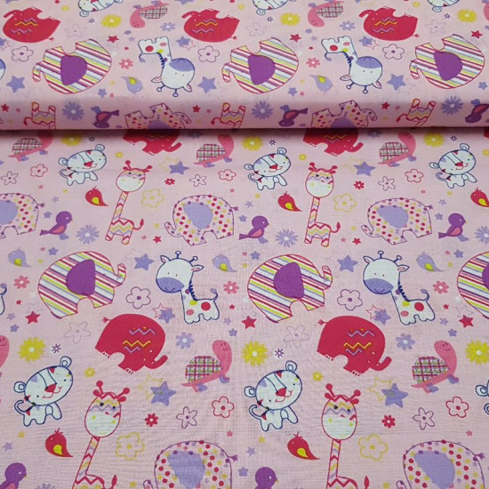 Cotton Elephants Giraffes Pink fabric - Infant cotton poplin fabric with very funny drawings of elephants, giraffes, turtles, tigers and little birds all very colorful on a pink background with drawings of flowers and stars of various shapes and colors. T