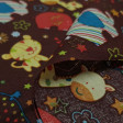 Cotton Elephants Giraffes Brown fabric - Children-themed cotton poplin fabric with drawings of giraffes, elephants, birds, turtles and tigers with a lot of color on a chocolate brown background with drawings of stars and colorful flowers. The fabric is 15