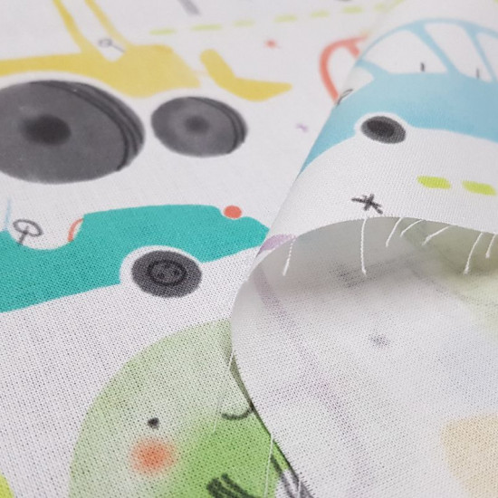 Cotton Transportation City Trees fabric - Poplin cotton fabric with drawings of transportations such as cars, trucks, excavators... with a children's theme on a white background with trees. Fabric made in Spain. The fabric is 150cm wide and its compositio