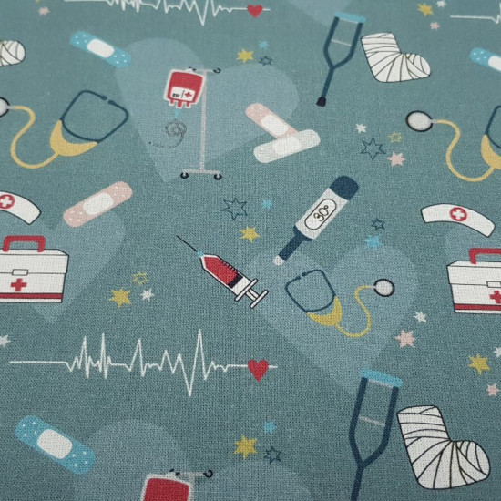 Cotton Medicine Hospital Hearts fabric - Organic cotton poplin fabric with a medical theme with drawings of stethoscopes, electrocardiograms, syringes, band-aids, crutches, thermometers... all on a gray background with large hearts and stars in various co