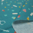Cotton Medical Instruments fabric - Poplin cotton fabric with drawings of medical instruments and utensils, such as thermometers, syringes, stethoscopes, bandages, medicines... on an blue petrol background with hearts and pills. The fabric is 150cm wid