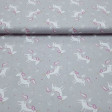 Cotton Unicorns Gray Background fabric - Cotton poplin fabric with unicorn drawings with fuchsia mane and golden horn on a gray background with white diamonds and stars. The fabric is 150cm wide and its composition is 100% cotton.