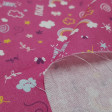 Cotton Clouds Rainbow Dream fabric - Children's cotton fabric with cloud drawings with rainbows, diamonds, squiggles and phrases "dream", "shine" and "magic" on a fuchsia pink background. The fabric is 150cm wide and it