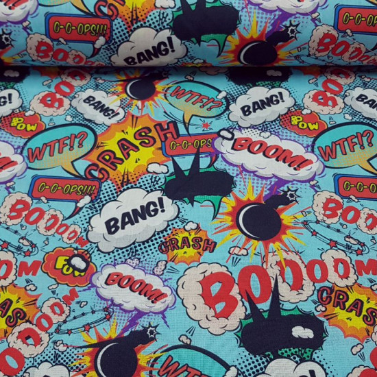 Cotton Comic Onomatopoeia Blue fabric - Digital printing cotton fabric with drawings of bullets and onomatopoeia from comics. A very striking and colorful design. The fabric is 140cm wide and its composition is 100% cotton.