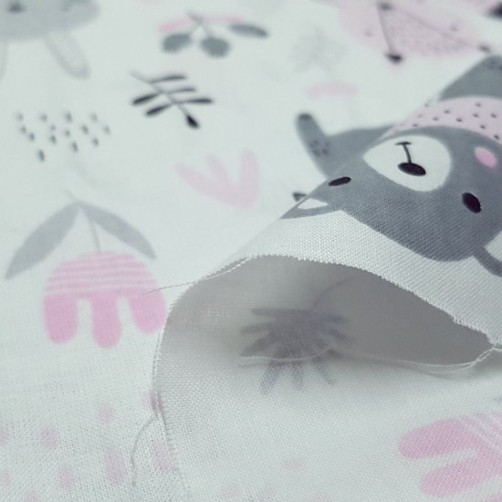 Cotton Forest Animals Pink fabric - Children's cotton fabric with drawings of forest animals such as bears, rabbits, foxes, birds... very funny on a white background with drawings of plants, bees where gray and pink colors predominate. The fabric is 16