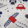 Tela Algodón Cohetes Espacio - Tela de algodón con dibujos de cohetes espaciales, satélites, naves y estrellas sobre un fondo blanco. La tela mide 160cm de ancho y su composición 100% algodón.