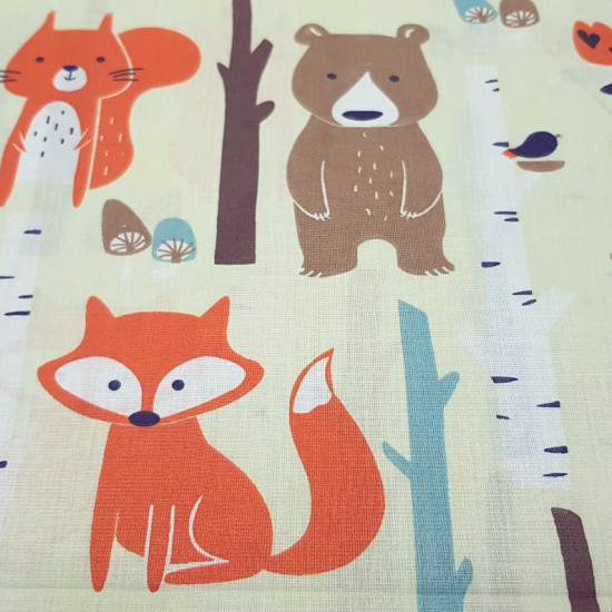 Cotton Animals Mushrooms Forest fabric - Children's cotton poplin fabric with large drawings of animals, mushrooms in the forest, tree trunks and flowers on a light beige background. The fabric is 160cm wide and its composition is 100% cotton.