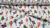 Tela Algodón Superhéroes - Tela de algodón satinado con dibujos de superhéroes y superheroinas sobre un fondo blanco. La tela mide 140cm de ancho y su composición 100% algodón.