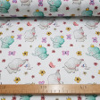 Tela Algodón Elefantes Mariposas - Preciosa tela de algodón satinado con dibujos infantiles de elefantes con coronas y decorado con flores y mariposas sobre un fondo blanco. La tela mide 140cm de ancho y su composición 100% algodón.