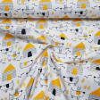 Cotton Puppies Houses Yellow fabric - Children's cotton fabric with drawings of funny puppies on a background with houses, bones and plants, where the colors black and yellow predominate. The fabric is 160cm wide and its composition is 100% cotton.