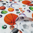 Tela Algodón Pelotas Deporte - Tela de algodón con dibujos de pelotas de varios tipo de deporte, pelotas de fútbol, baloncesto, voleibol, ténis, billar… sobre un fondo blanco. La tela mide 150cm de ancho y su composición 100% algodón.