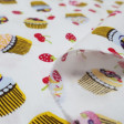 Tela Algodón Cupcakes Frutas Blanco - Tela de algodón con dibujos de cupcakes y frutas rojas, cerezas y fresas, sobre un fondo blanco. La tela mide 150cm de ancho y su composición 100% algodón.