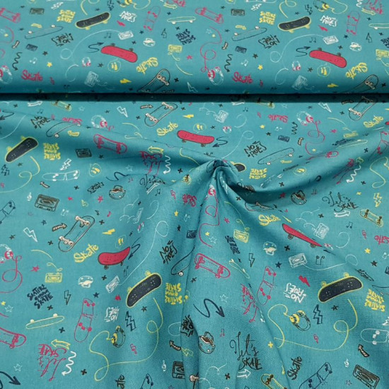 Cotton Skate Blue Petrol fabric - Cotton fabric with skate-themed drawings and other elements such as cassette tapes, rays, helmets, musical notes... contrasting colors on a petrol blue background. The fabric is 150cm wide and its composition is 100%