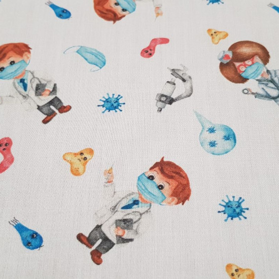 Cotton Medicine Virus fabric - Satin cotton fabric with drawings of doctors on a white background with drawings of viruses, masks and microscopes. The fabric is 140cm wide and its composition is 100% cotton.