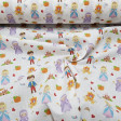 Cotton Cinderella Tales fabric - Cotton fabric digital printing with drawings of the characters and elements of the classic Cinderella tale on a white background. The fabric is 140cm wide and its composition is 100% cotton.