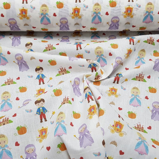 Cotton Cinderella Tales fabric - Cotton fabric digital printing with drawings of the characters and elements of the classic Cinderella tale on a white background. The fabric is 140cm wide and its composition is 100% cotton.