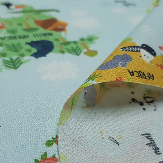 Cotton World Map Animals fabric - Digital print children's cotton fabric with world map drawings with funny animals spread across the map. The fabric is 140cm wide and its composition is 100% cotton.
