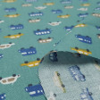 Cotton Vehicles Turquoise Green fabric - Children's cotton fabric with small drawings of cars and buses in blue, mustard, beige and white colors on a turquoise green background. The fabric is 150cm wide and its composition is 100% cotton.