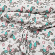 Cotton Wood Horses fabric - Children's cotton fabric with drawings of wooden horses in gray colors combining with pink and turquoise on a white background with flowers, hearts and phrases 
