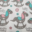 Cotton Wood Horses fabric - Children's cotton fabric with drawings of wooden horses in gray colors combining with pink and turquoise on a white background with flowers, hearts and phrases 