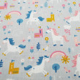 Tela Algodón Unicornios Castillos Gris - Tela de algodón con dibujos infantiles de unicornios, castillos, flores, nubes… en tonos de contraste sobre un fondo de color gris. La tela mide 140cm de ancho y su composición 100% algodón.